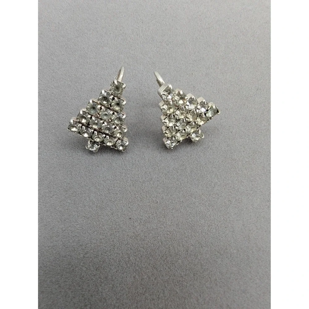 Vintage Silver Tone Rhinestone Christmas Tree Clip‎ On Earrings Holiday Jewelry